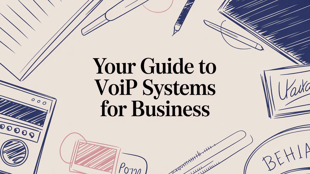 A graphic with the text “Your Guide to VoIP Systems for Business” in bold, surrounded by hand-drawn office items such as pens, a notebook, a ruler, a phone, and paper.