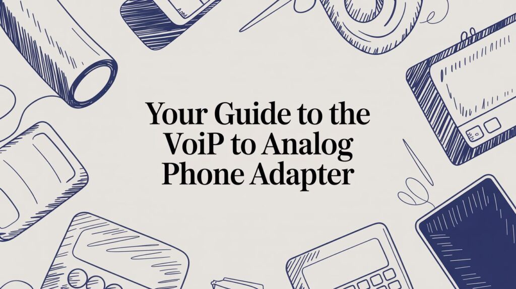 Text reading “Your Guide to the VoiP to Analog Phone Adapter” is centered on a beige background with blue outlined drawings of tech devices like calculators, phones, and circuits surrounding the text.