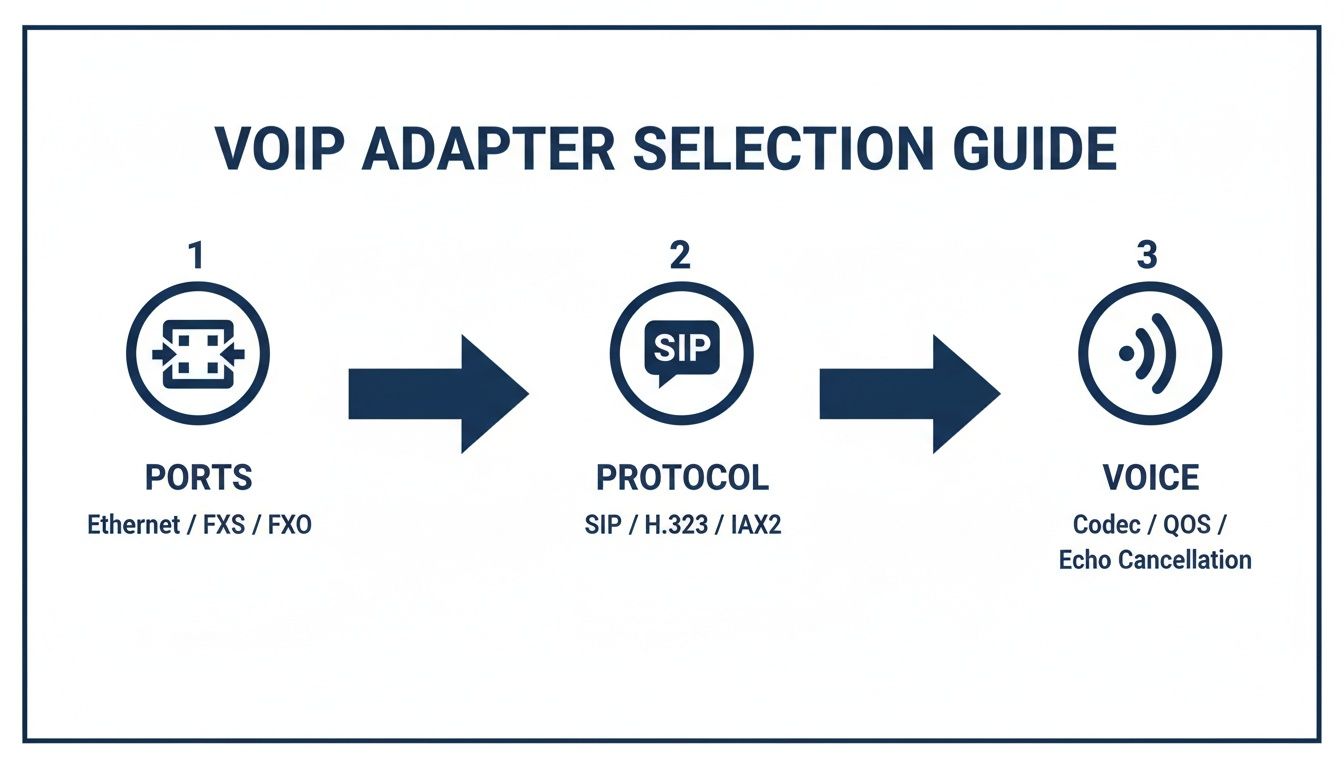 VOIP adapter selection guide illustrating steps for choosing ports, protocol, and voice features.