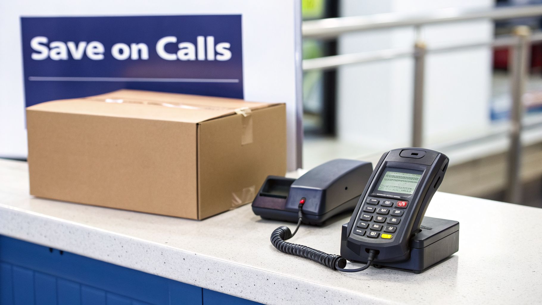 A service counter with a brown cardboard box, an electronic payment terminal, and a 'Save on Calls' sign.
