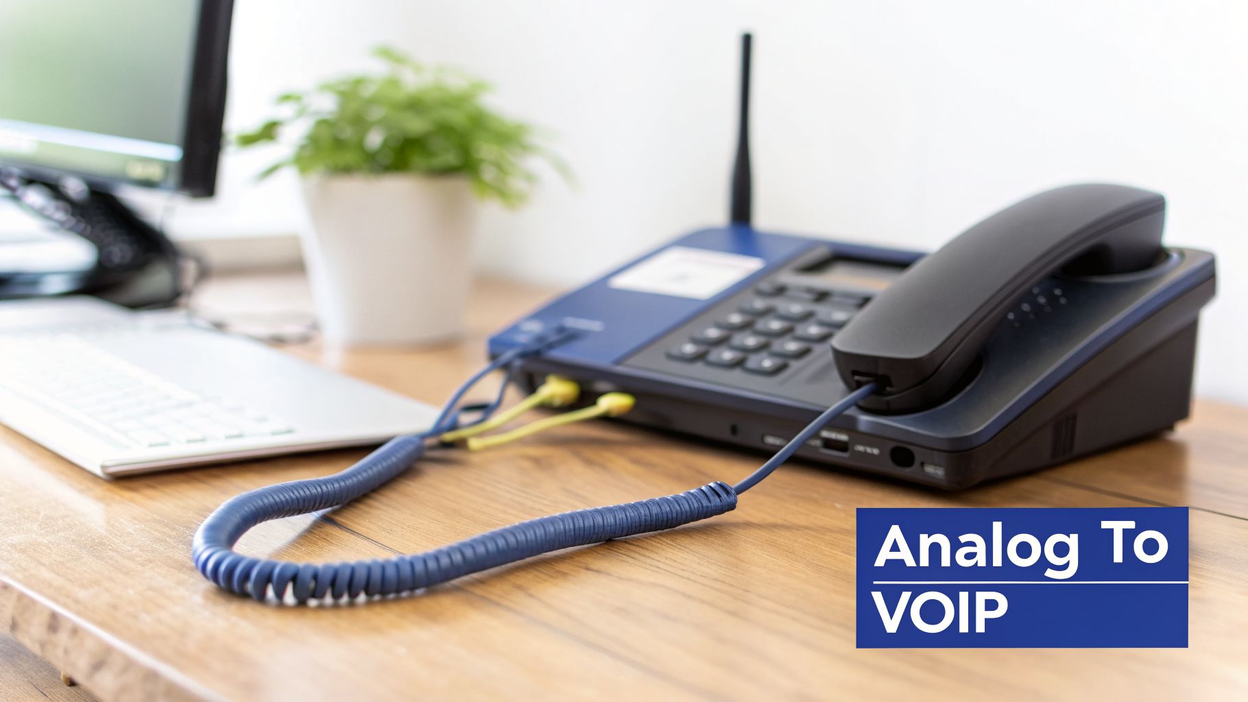 Blue analog telephone adapter connected to a black phone, converting analog to VOIP.