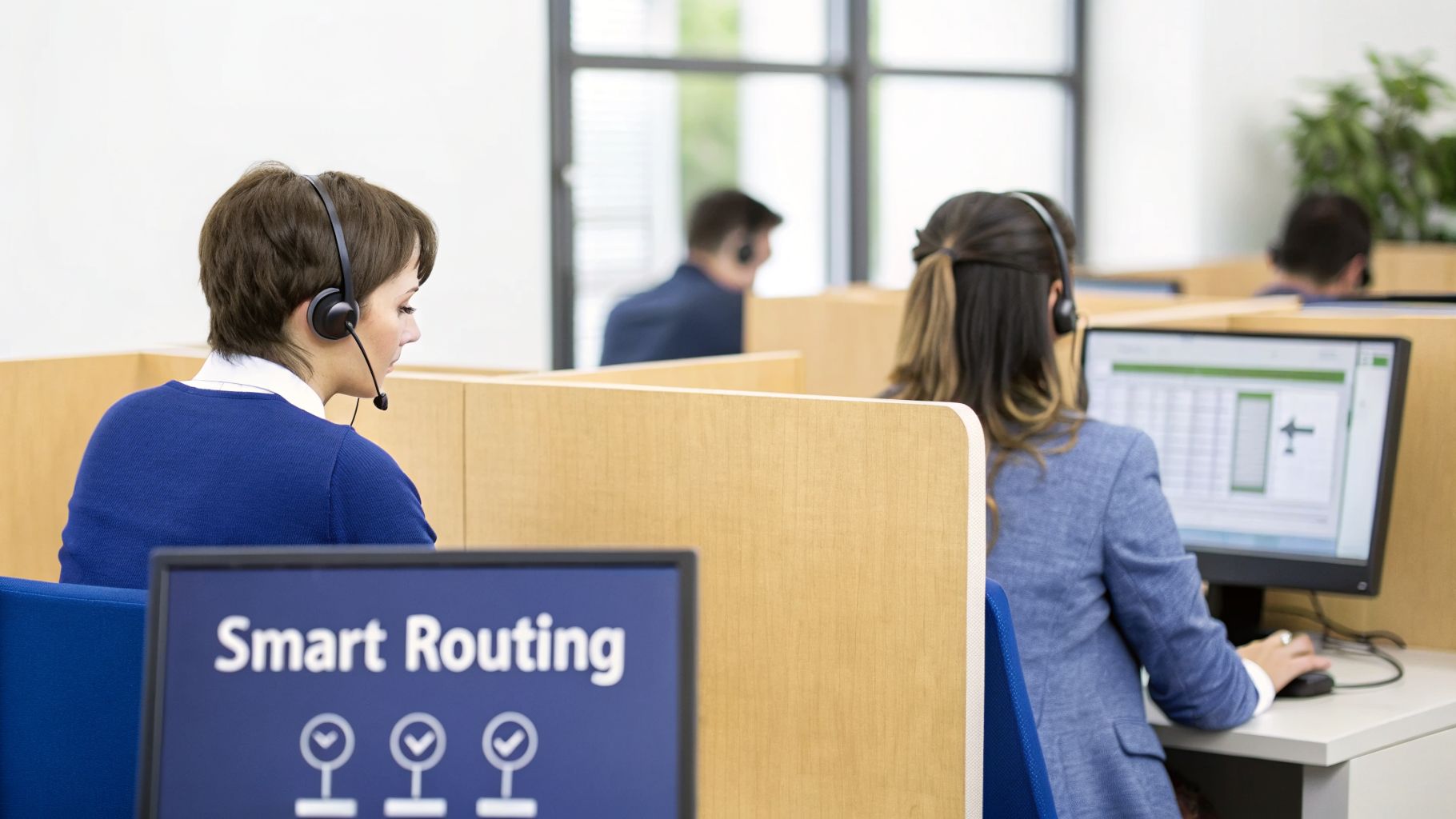 People working in a call center with headsets and computers; one screen shows "Smart Routing."
