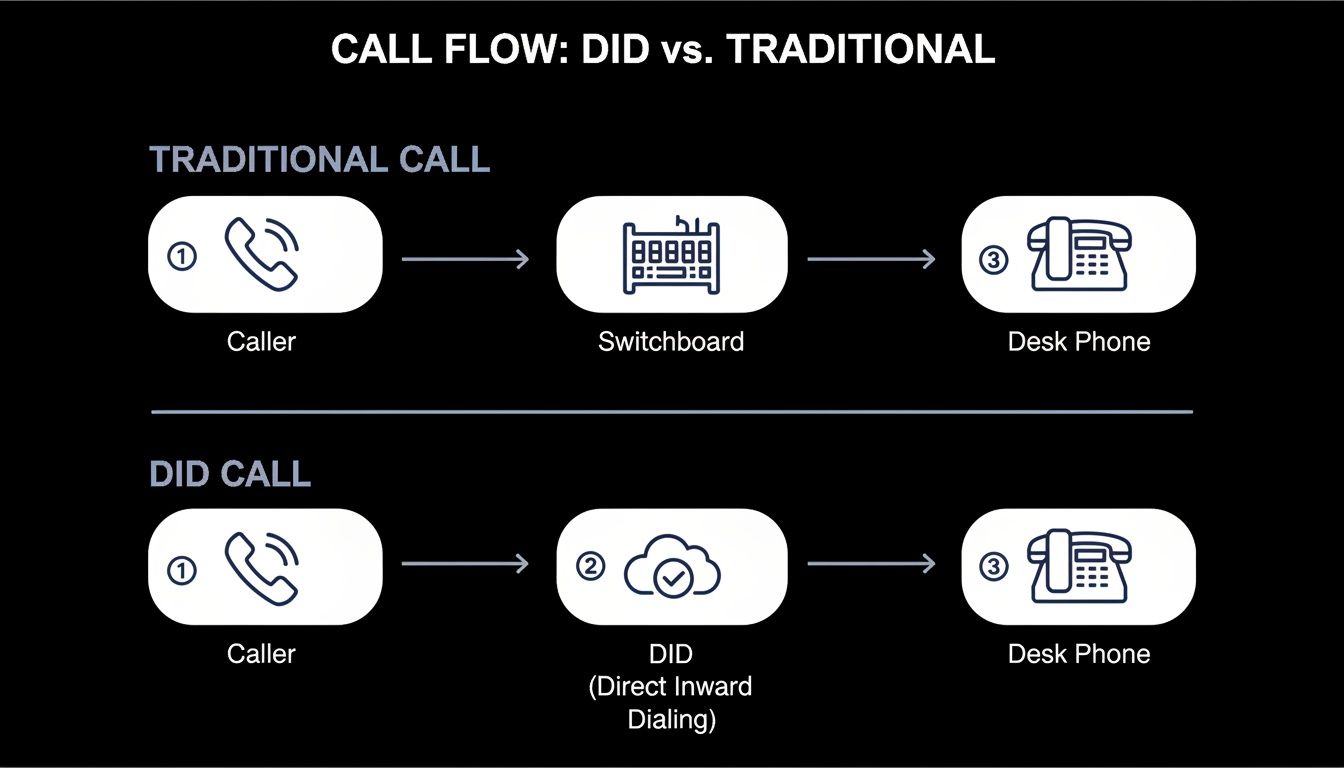 Diagram illustrating traditional call flow (caller to desk phone via switchboard) versus DID call flow (caller to desk phone via Direct Inward Dialing).