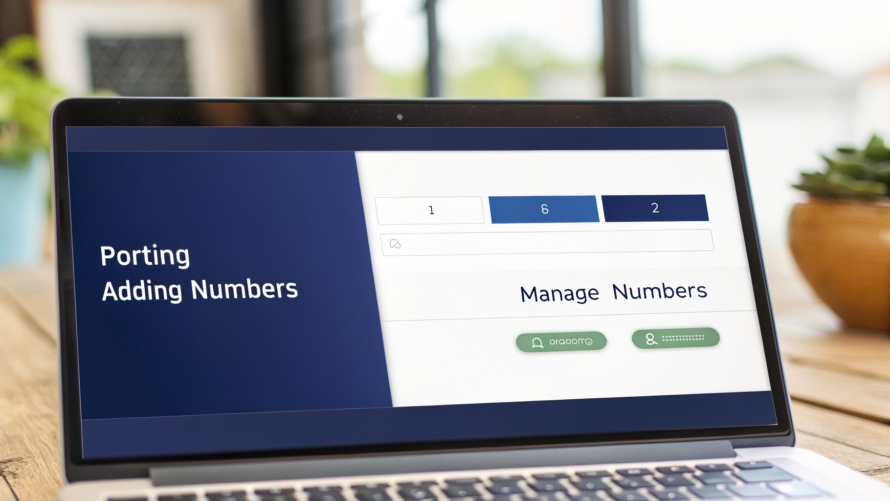 A laptop screen displaying a web page for porting and adding numbers, featuring input fields and buttons.
