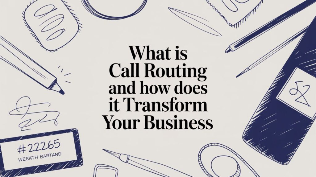 Text in the center reads “What is Call Routing and how does it Transform Your Business” surrounded by doodles of office supplies like a pencil, clipboard, name tag, and phone.