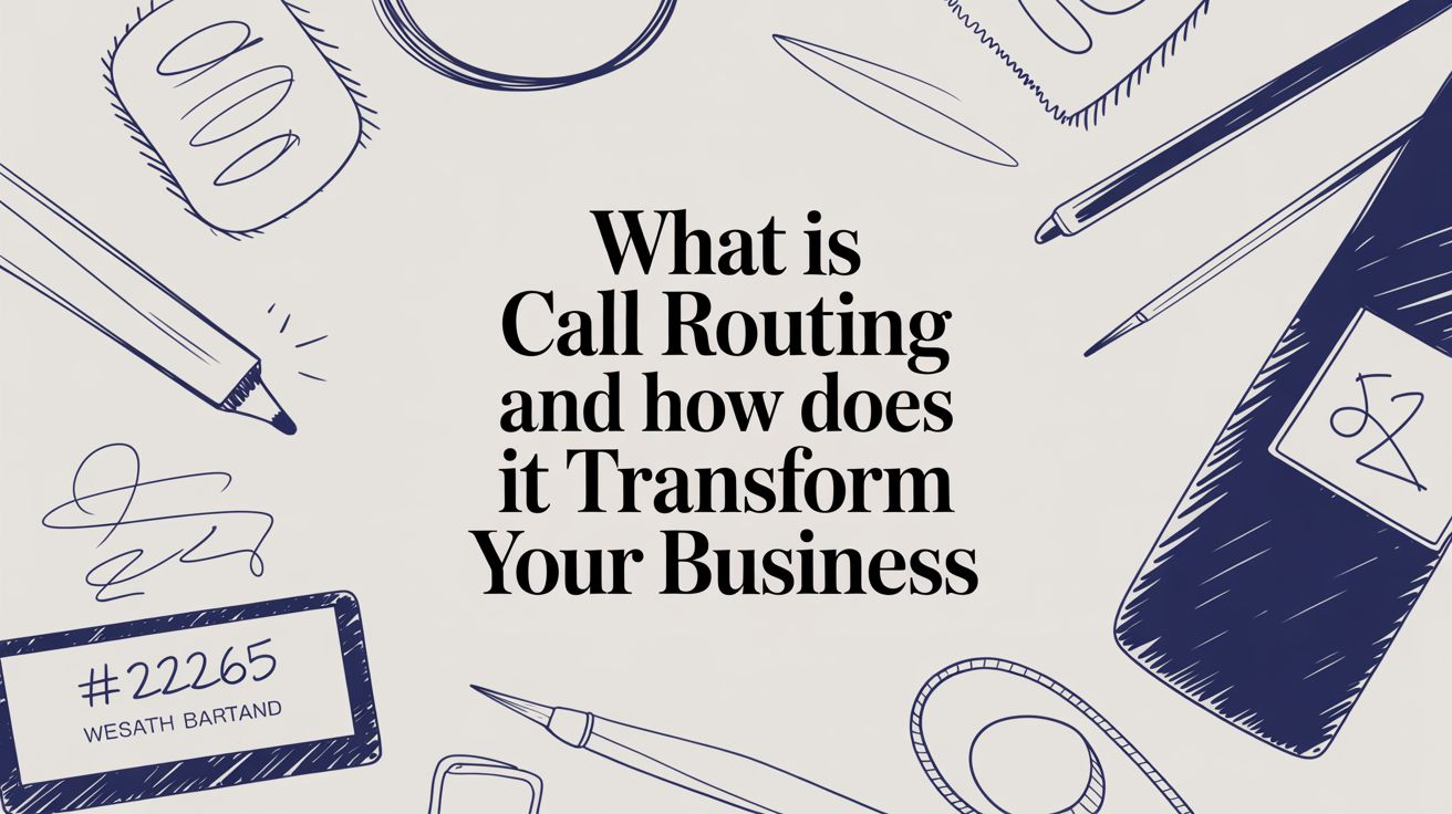 Text in the center reads “What is Call Routing and how does it Transform Your Business” surrounded by doodles of office supplies like a pencil, clipboard, name tag, and phone.