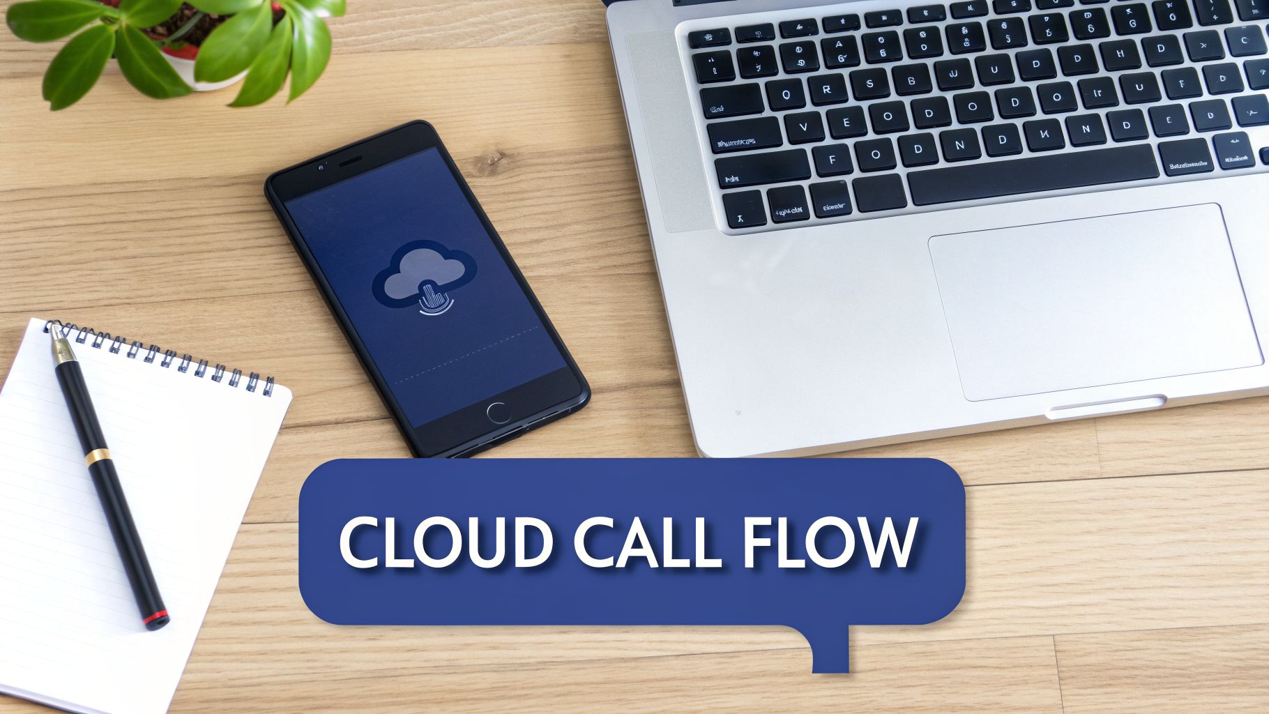 Flat lay of a workspace with a laptop, smartphone showing a cloud icon, notebook, and 'CLOUD CALL FLOW' text.