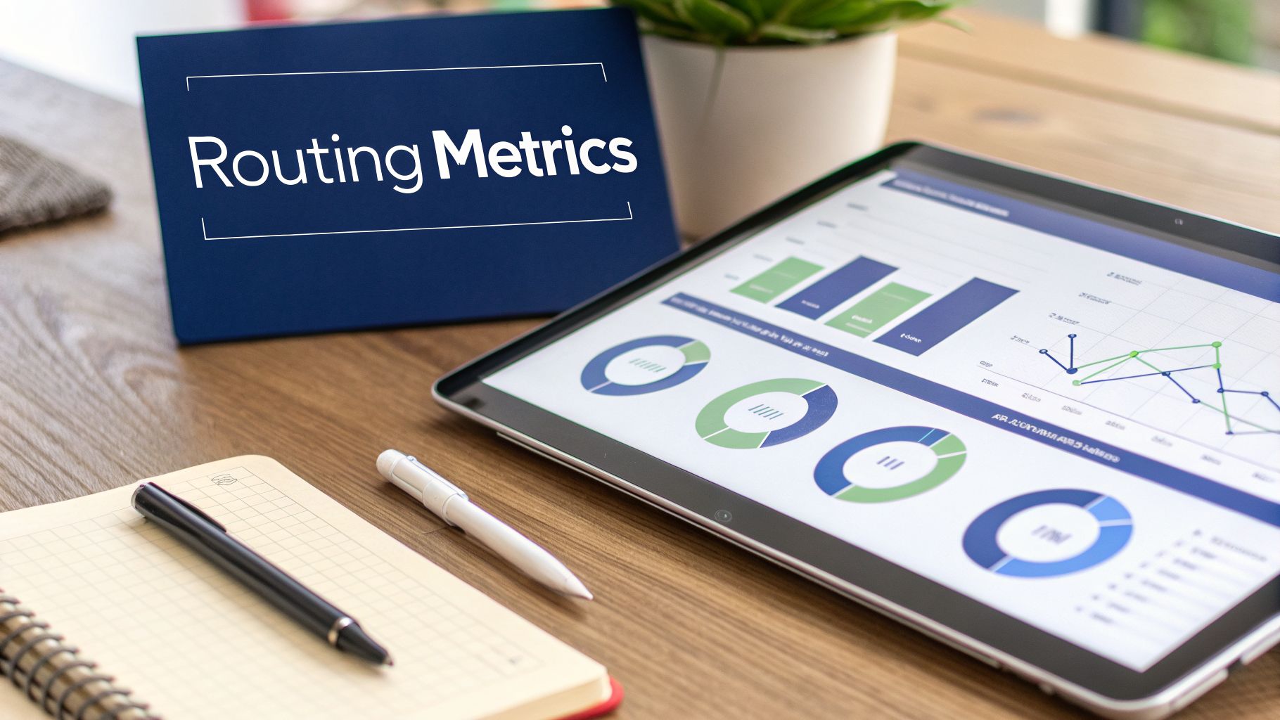A desk with a 'Routing Metrics' sign, a tablet displaying data charts, and pens on a notebook.