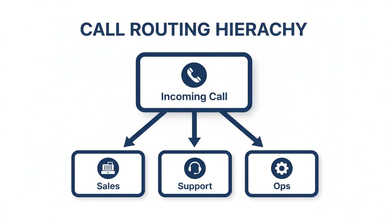Diagram illustrating call routing hierarchy, from incoming call to sales, support, and operations departments.