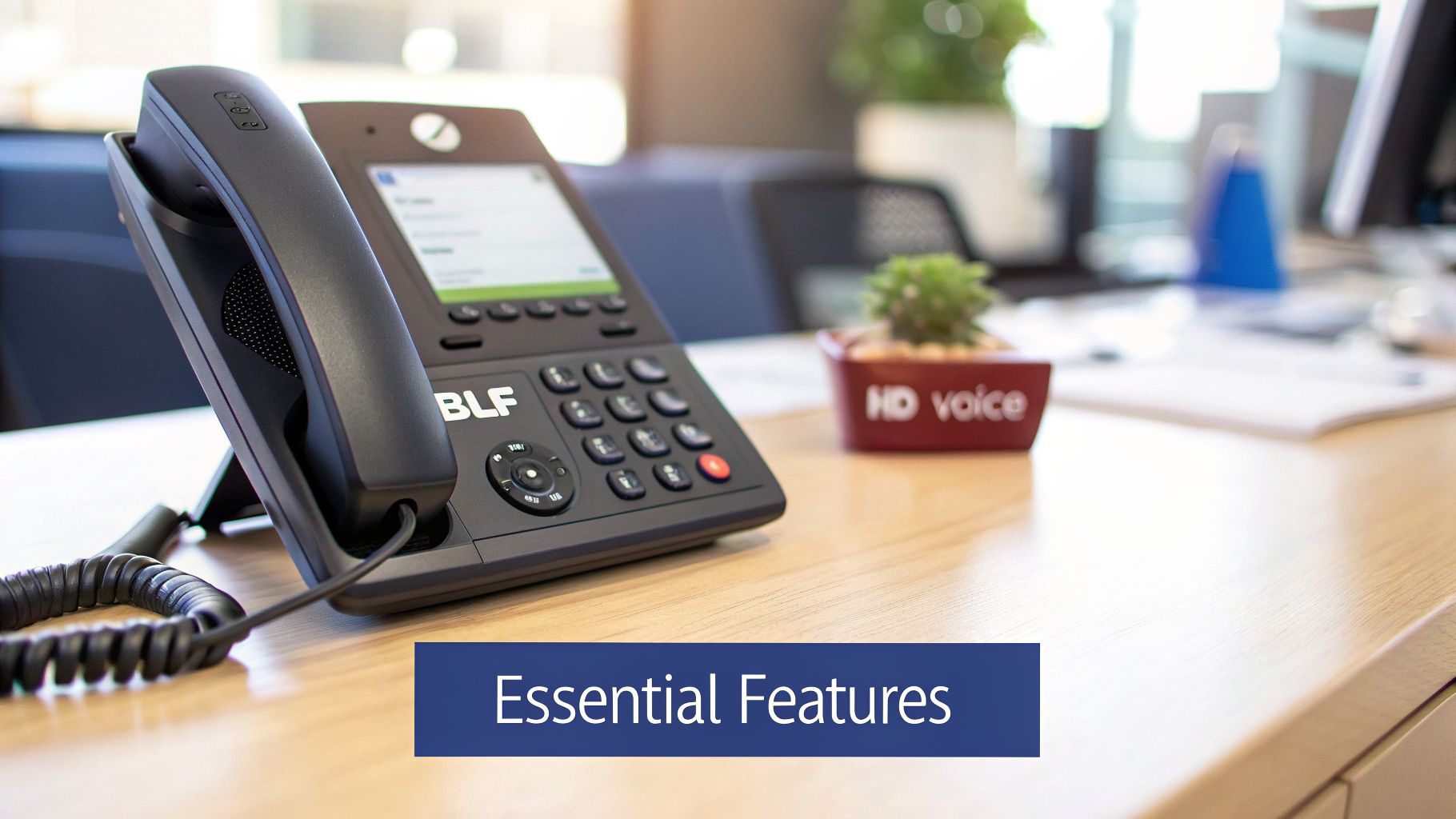A black VoIP office phone with an HD voice plant pot on a wooden desk in an office setting.