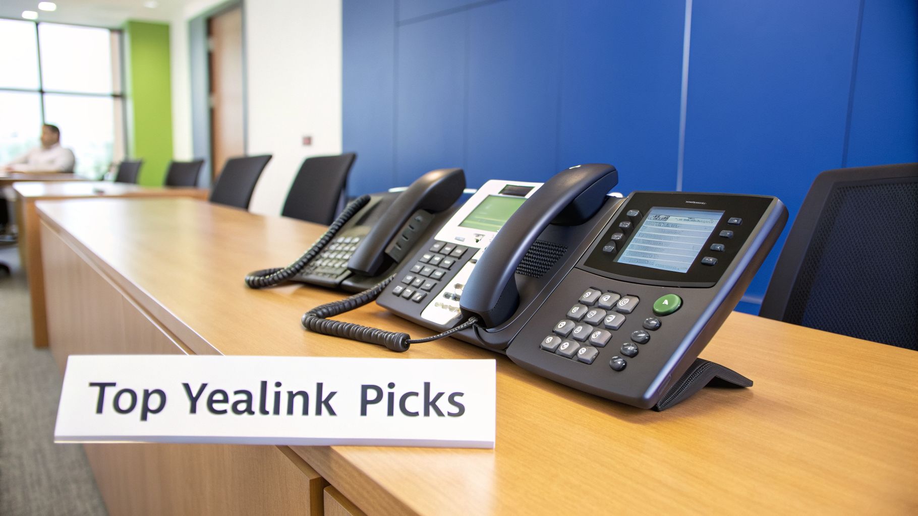A line of modern Yealink VoIP phones displayed on a wooden conference table with a sign that says "Top Yealink Picks".