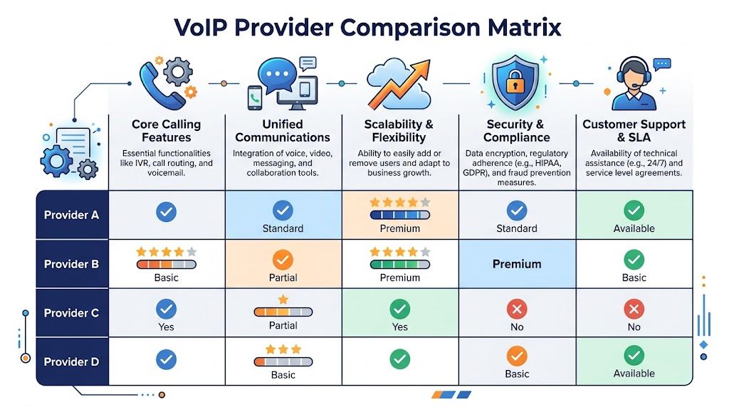 A comparison matrix chart showing four VoIP service providers evaluated across five key business communication criteria.