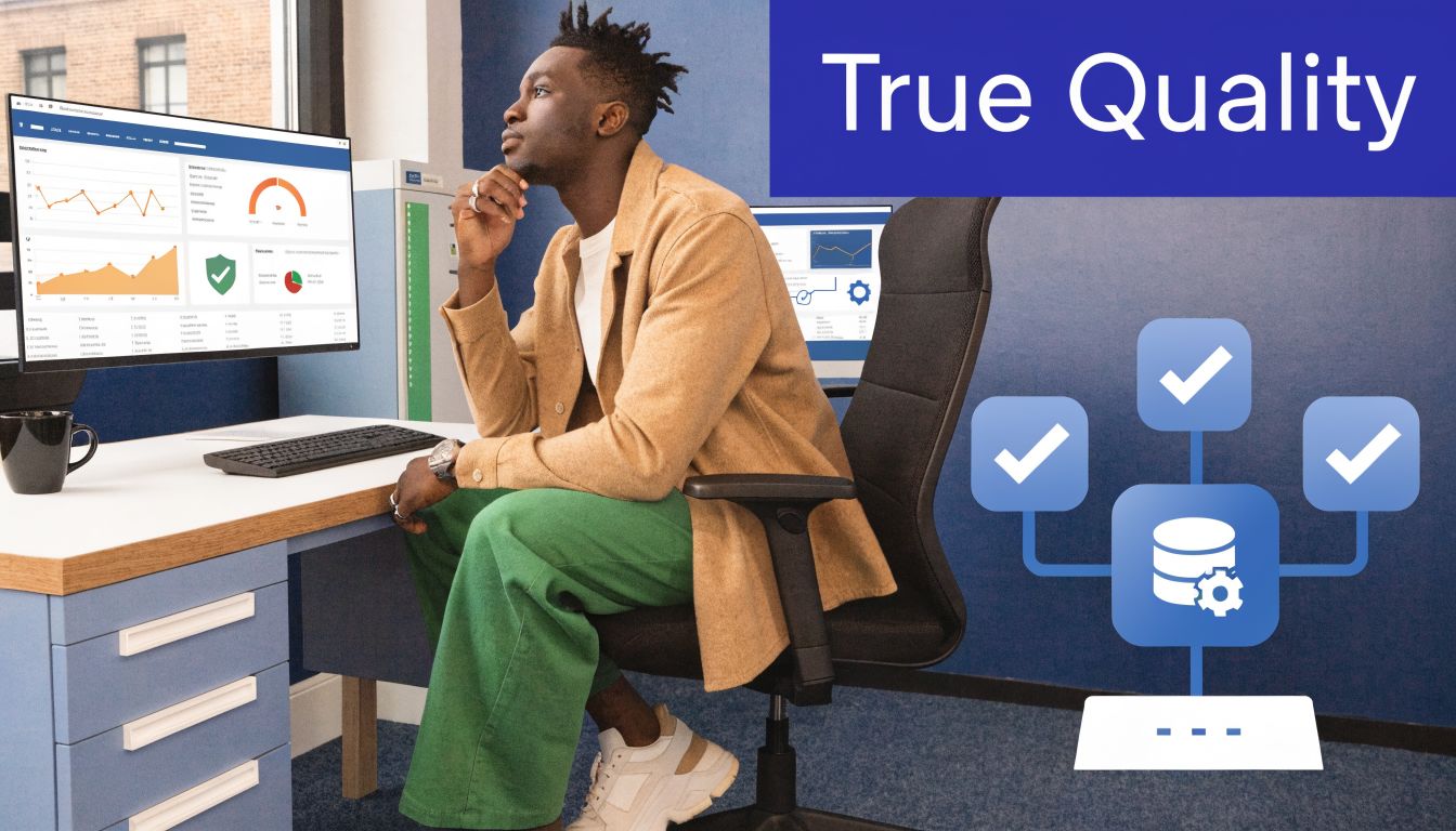 A young professional man sitting at a desk looking at business data analytics on a computer monitor.