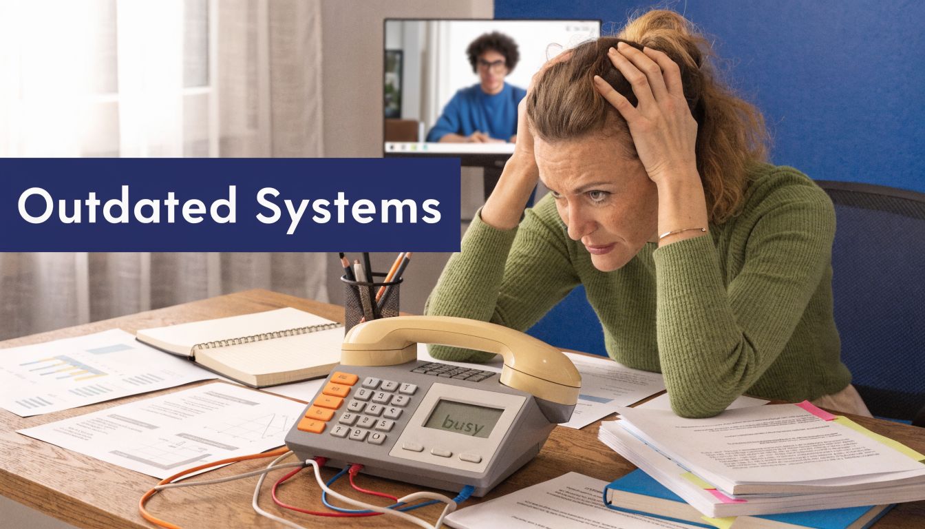 A stressed woman working at her desk with an outdated telephone displaying a busy message during a video call.