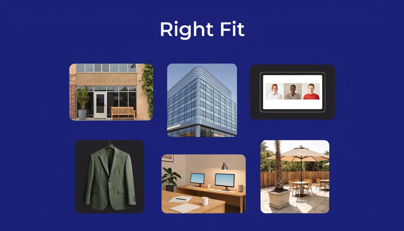A collage showing various business settings including office buildings, workstations, meeting screens, and professional attire for business.