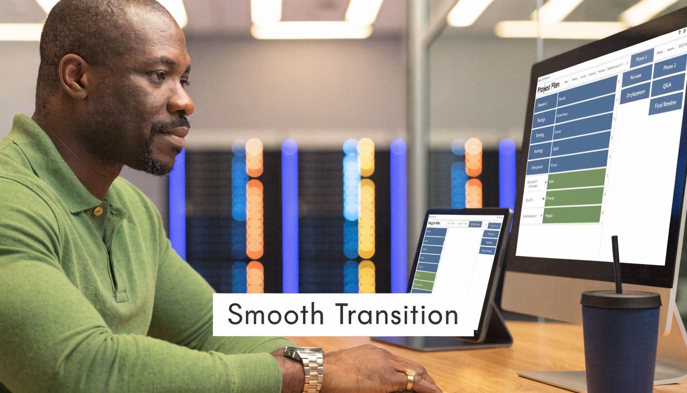 A professional man in a green shirt working on a computer and tablet in a server room.