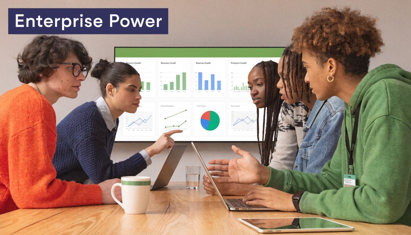 A diverse group of professionals collaborates around a table in front of an office data dashboard.