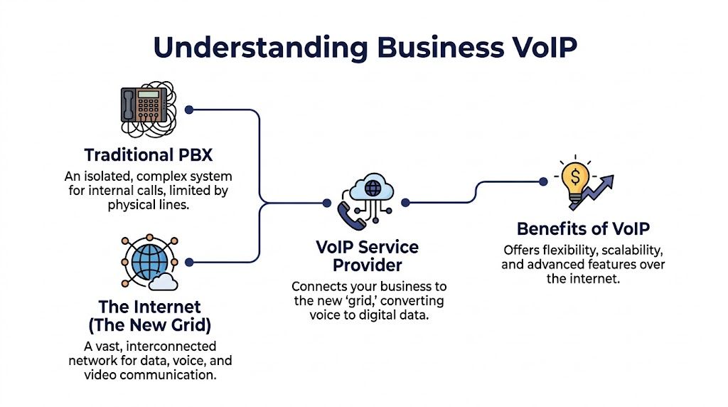 A diagram explaining business VoIP, showing how traditional systems and the internet connect to service providers.