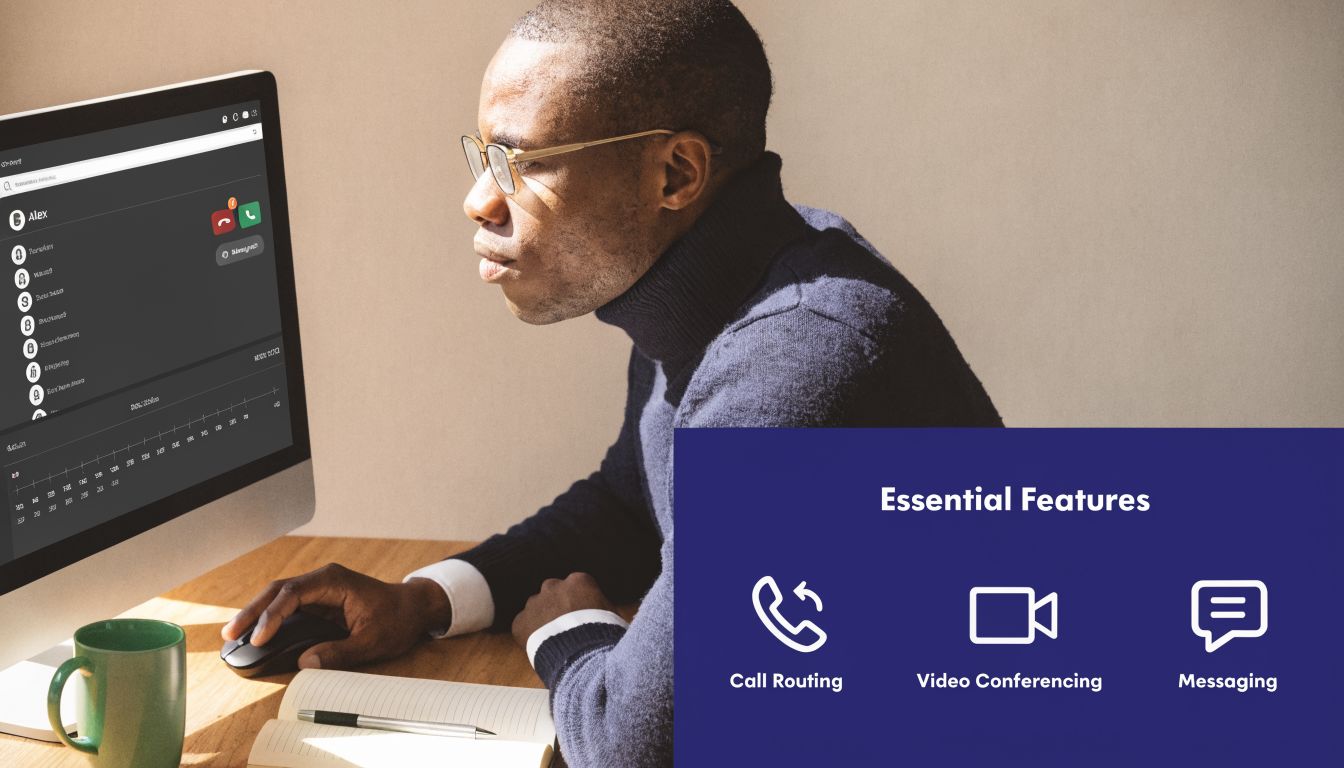 A professional man using a computer to manage business communications with VoIP software in an office.