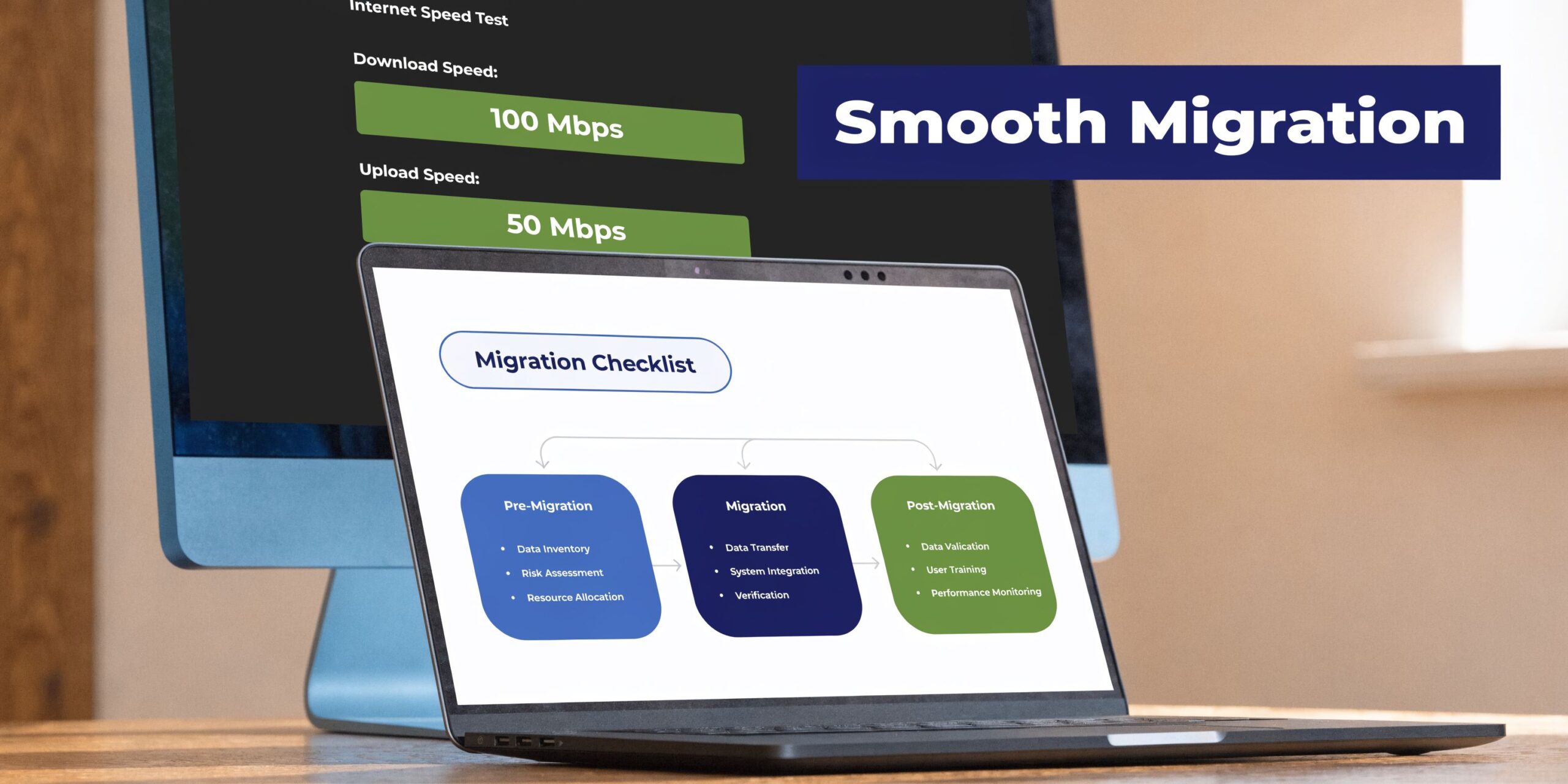 A laptop screen displaying a migration checklist diagram in front of a monitor showing internet speed test results.