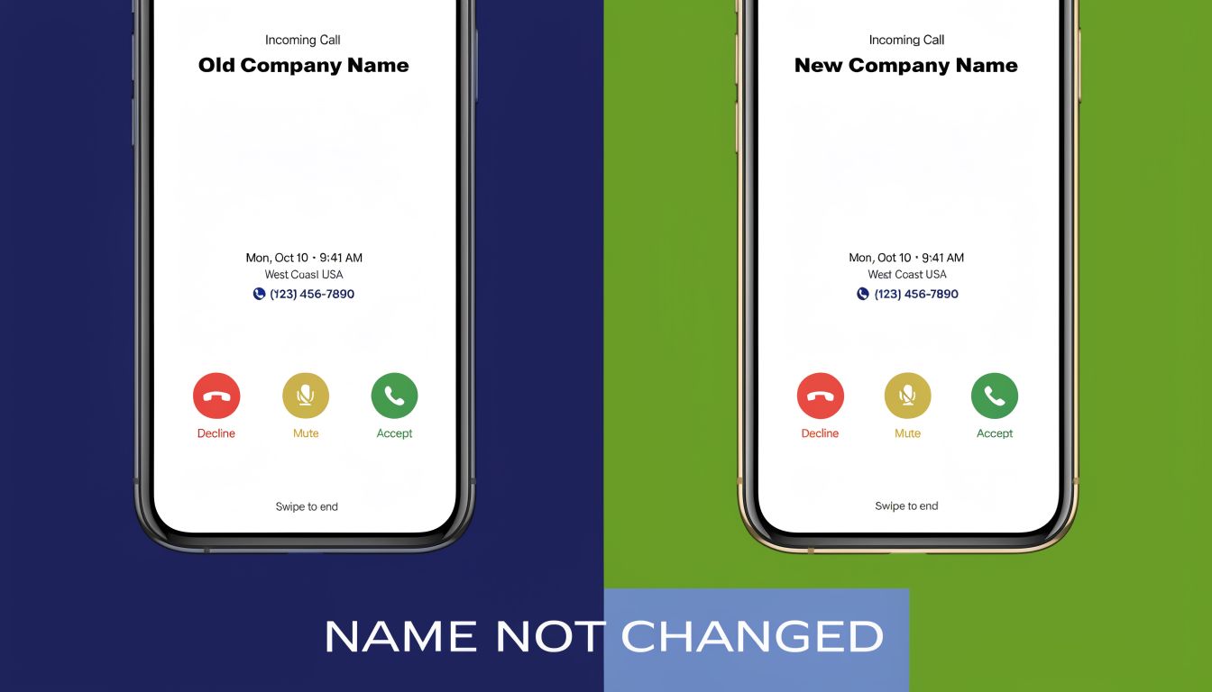 A side-by-side comparison of smartphone screens showing an incoming call with the company name unchanged.