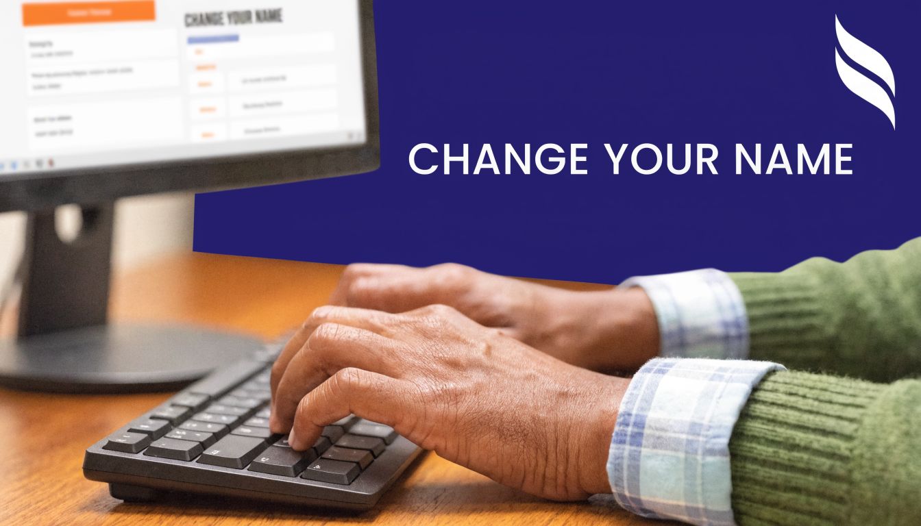 A person typing on a computer keyboard with the text change your name visible on the screen.