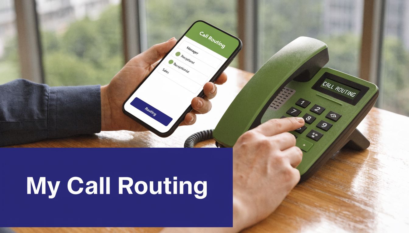 A person setting up call routing options on a smartphone while using a desk telephone.