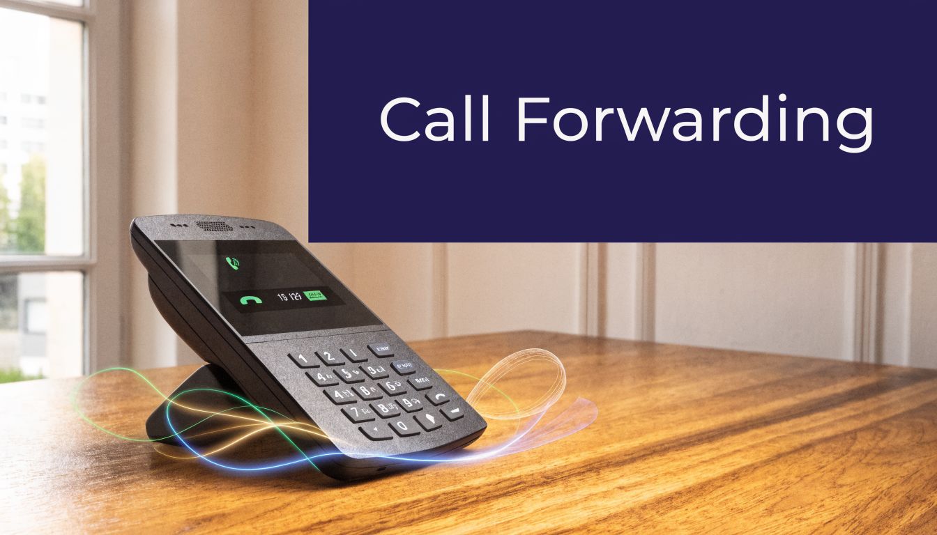 A modern desk phone sitting on a wooden table with stylized digital light streaks flowing around it.