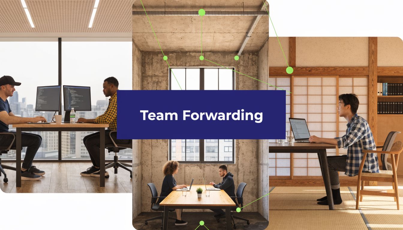 Diverse professionals working in modern office settings including remote setups and open workspaces with collaborative team dynamics.