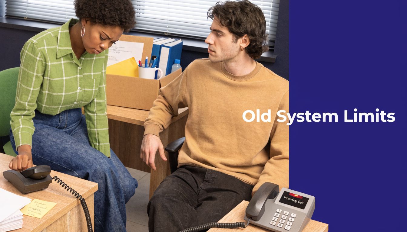 A woman and man looking frustrated at their office desk while dealing with outdated telecommunications equipment.