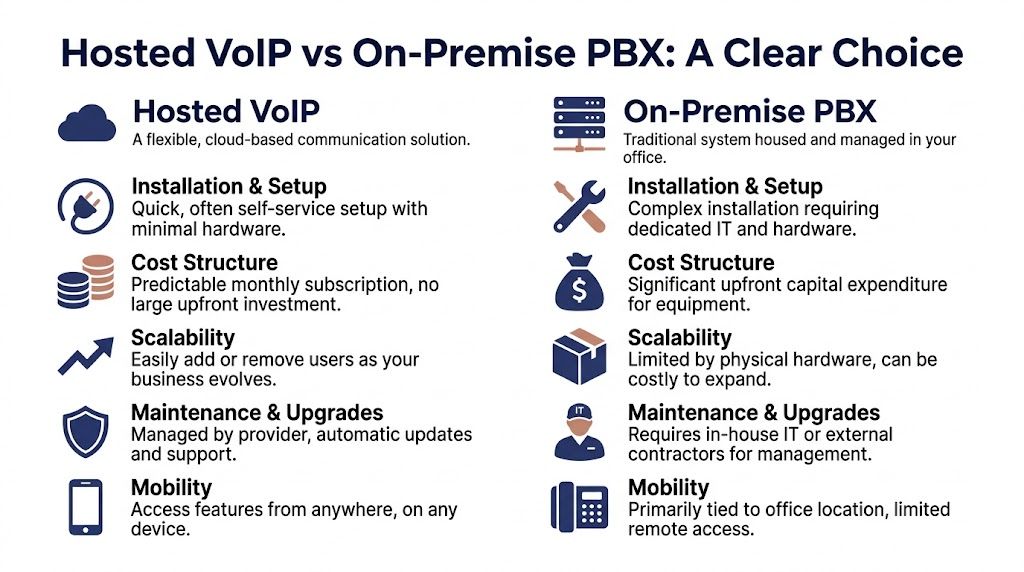 A comparison chart outlining the key differences between hosted VoIP and on-premise PBX communication systems.