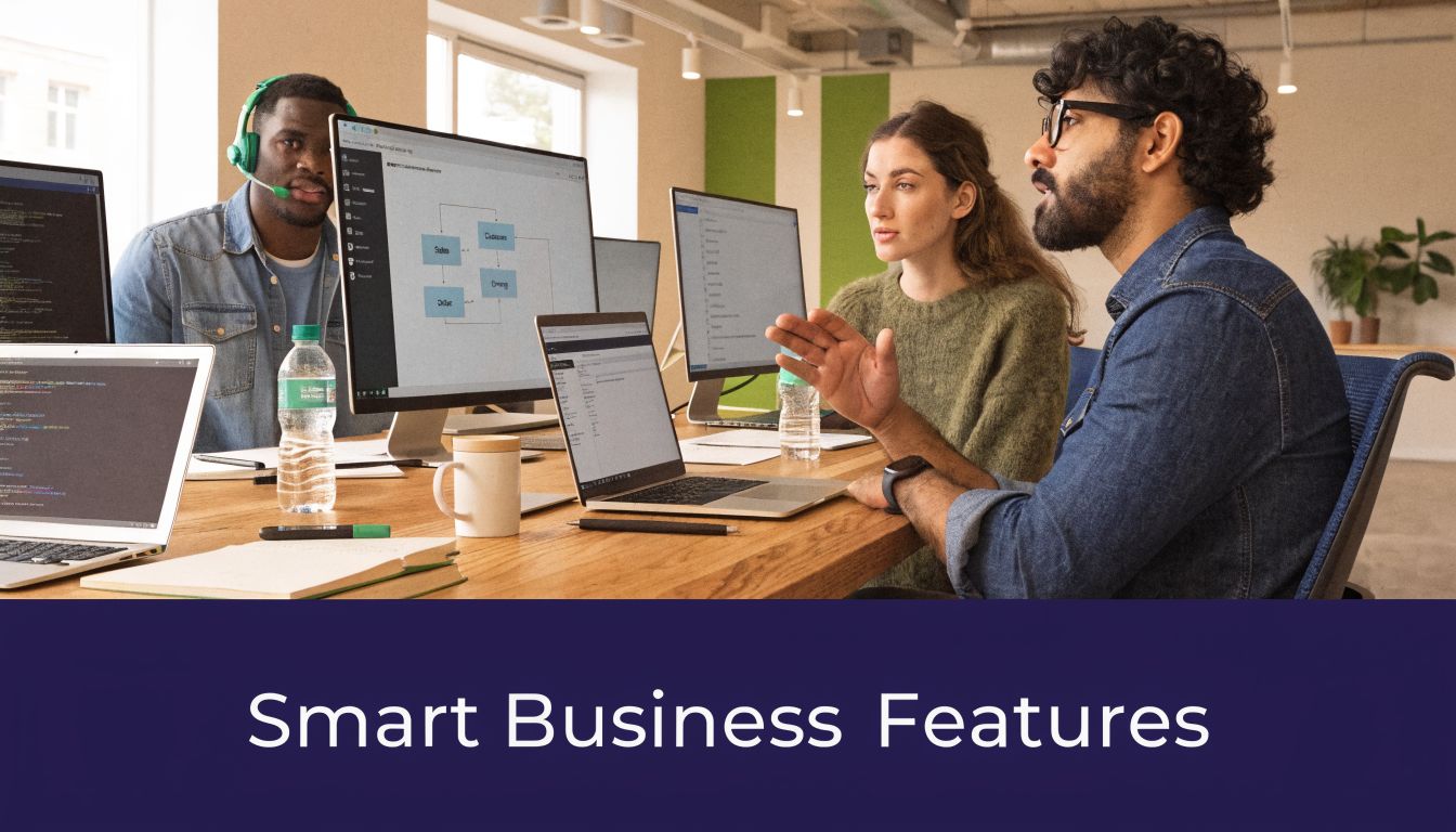 A team of diverse professionals collaborating in a modern office space while working on computers and laptops.