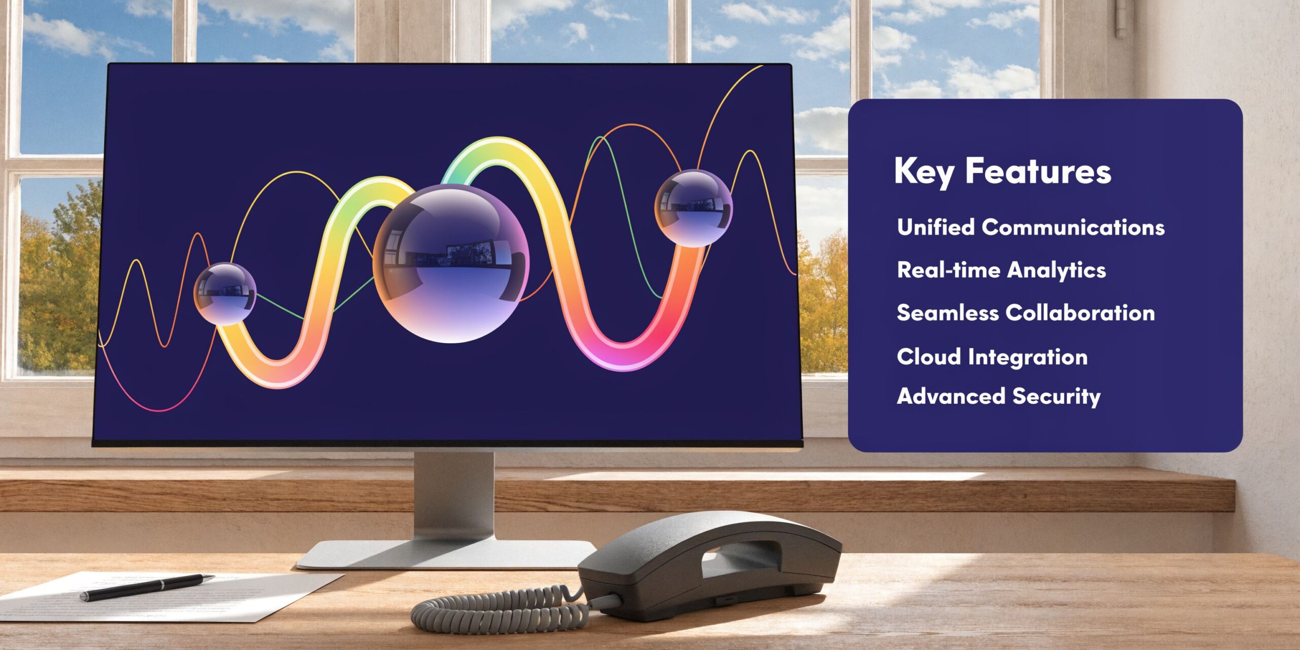 A modern office workspace featuring a computer display showing abstract data visualization graphics and key feature list.