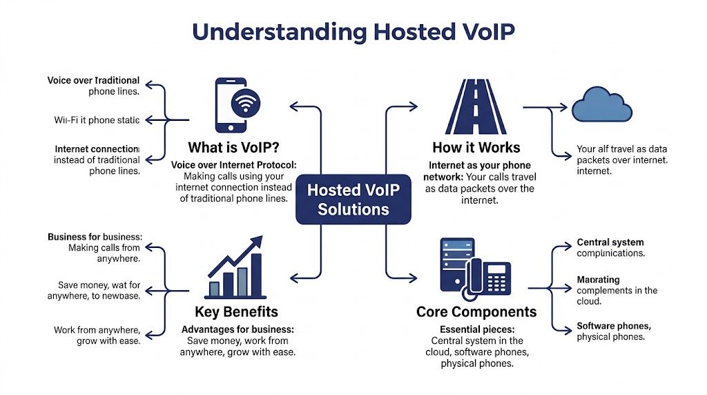 An infographic titled Understanding Hosted VoIP showing how internet calling works, its key benefits, and components.
