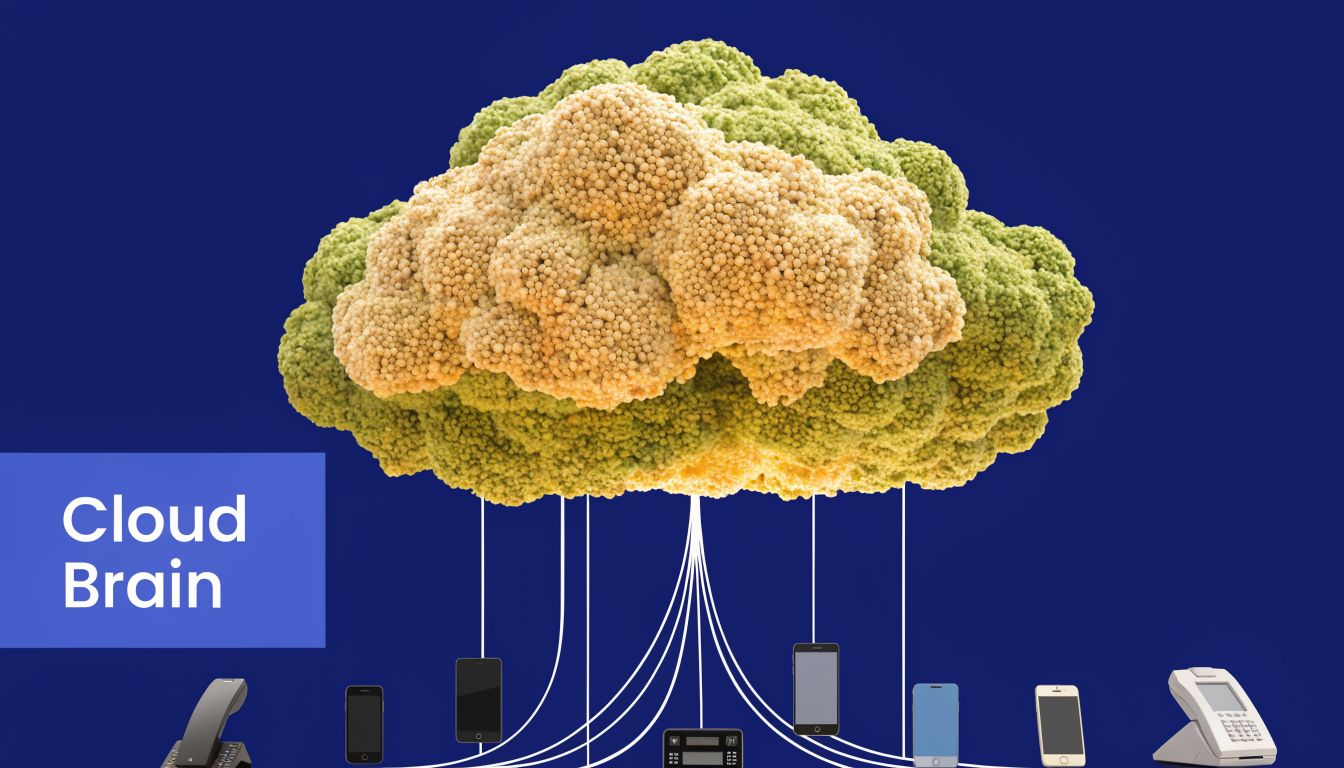 A conceptual illustration of a cloud-shaped broccoli connected to various office phones and mobile devices.