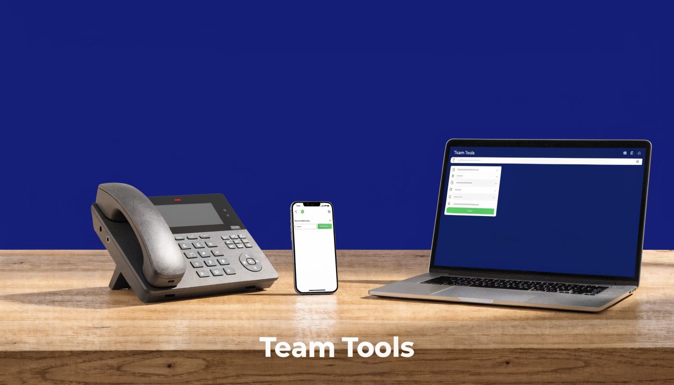 A VoIP desk phone, a smartphone, and a laptop displaying Team Tools software on a wooden table.