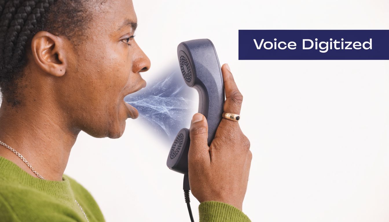 A person speaking into a landline telephone handset, visually representing the concept of voice digitization.