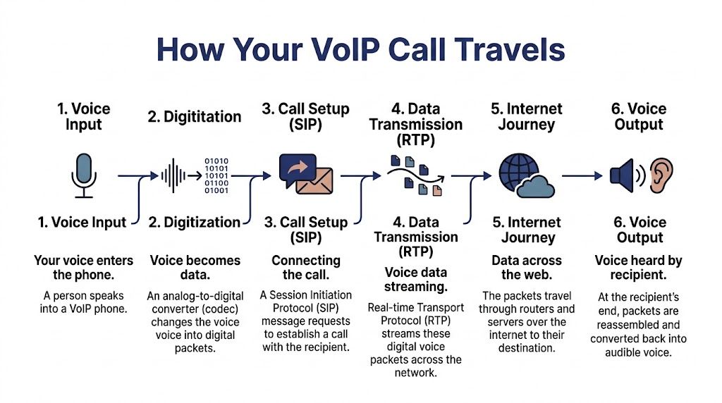 A diagram illustrating the step-by-step process of how a VoIP call is transmitted over the internet.