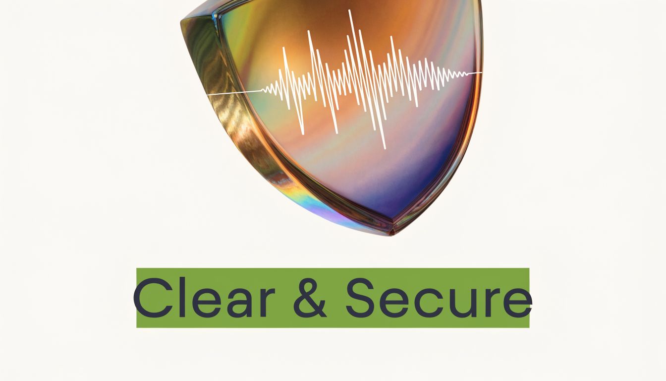 A conceptual graphic featuring a stylized, iridescent shield emblem overlaid with a digital sound wave representation.