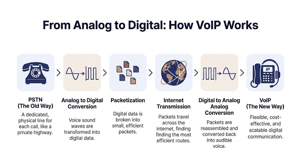 A diagram illustrating the step-by-step process of how voice data travels from PSTN to VoIP.