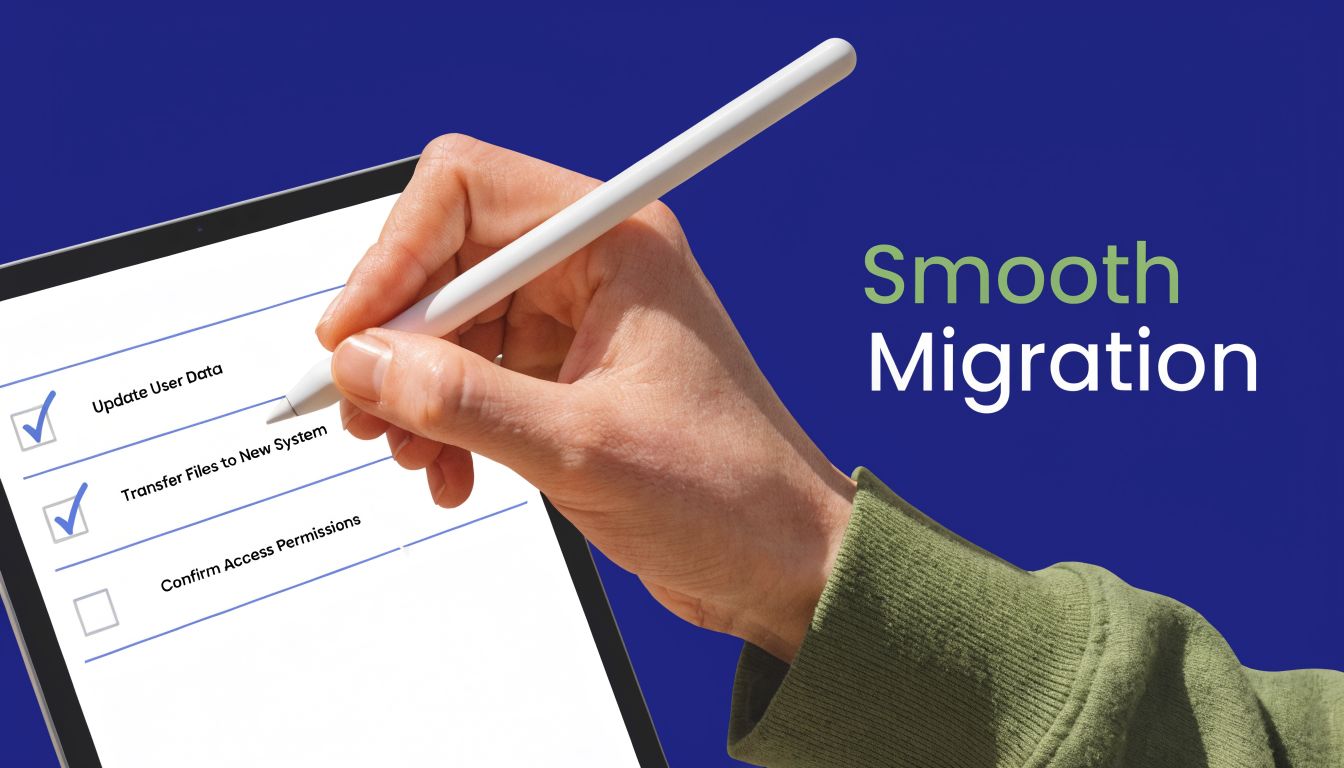 A hand using a digital pen to check off tasks on a tablet screen for migration.