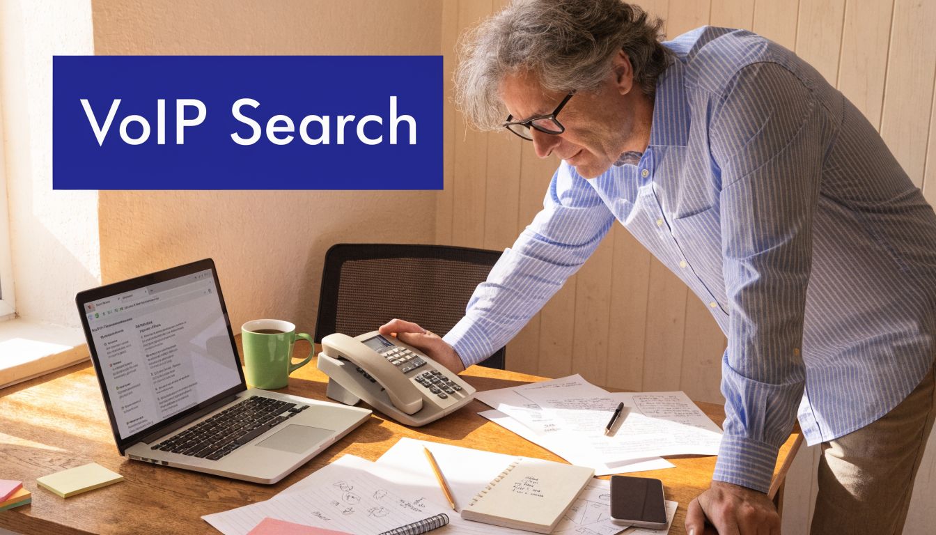 A businessman standing at his desk while researching inexpensive VoIP phone service options on his laptop.