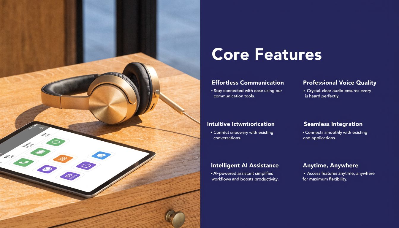 Gold wireless headphones resting on a wooden desk next to a tablet displaying business communication application icons.
