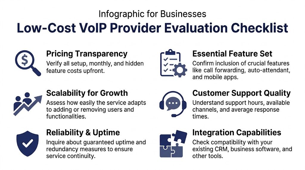 A business checklist infographic for evaluating low-cost VoIP providers, focusing on pricing, features, scalability, support, and reliability.