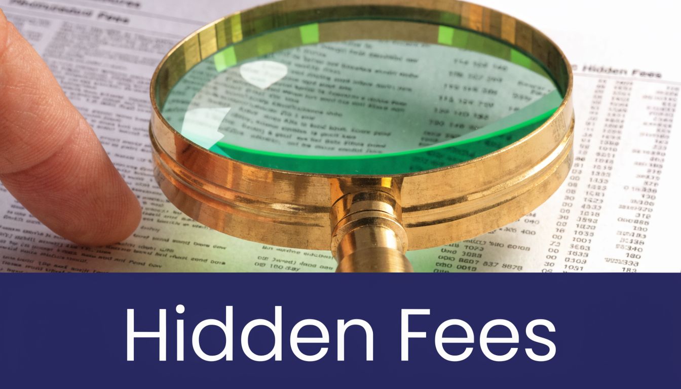 A magnifying glass inspecting fine print on a financial document with the heading Hidden Fees.