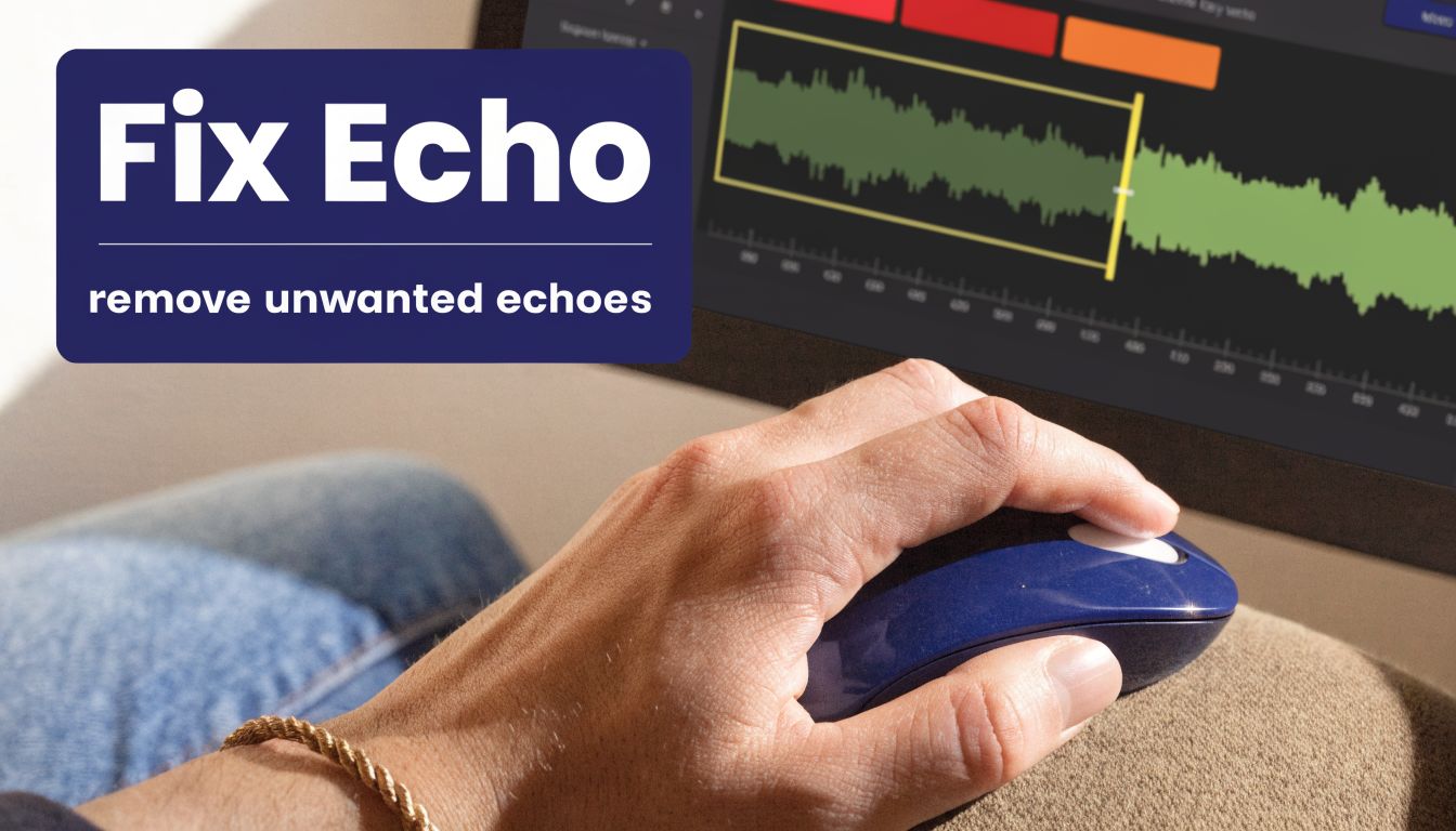 A close up of a hand using a computer mouse to edit an audio waveform for echo removal.