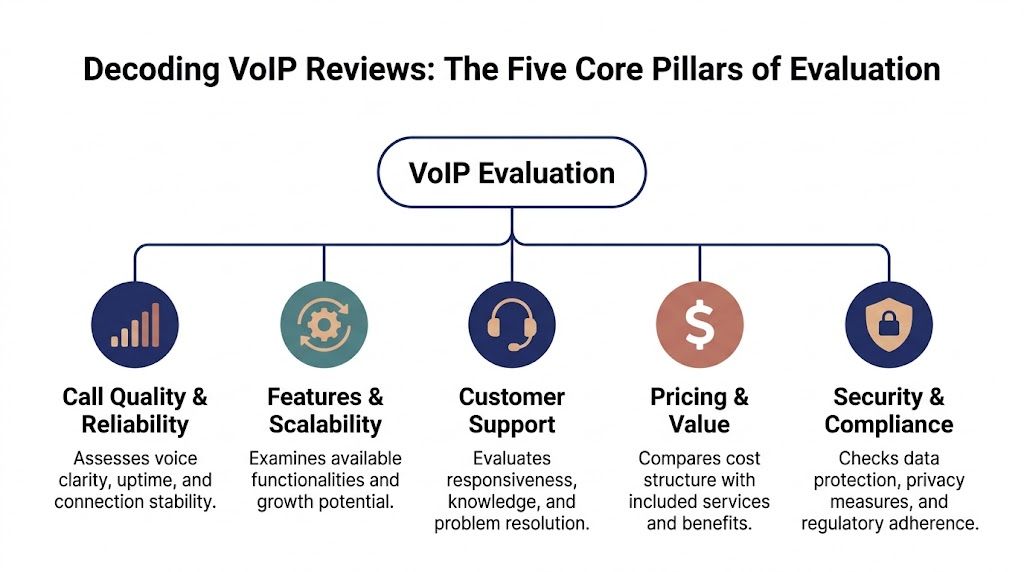 A diagram illustrating the five core pillars of VoIP evaluation including reliability, features, support, pricing, and security.