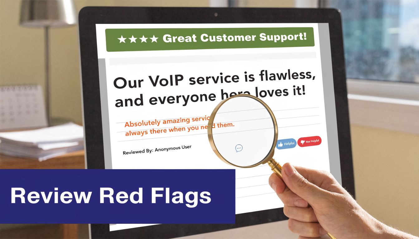 A magnifying glass inspecting a fake online customer review about a VoIP service on a tablet screen.