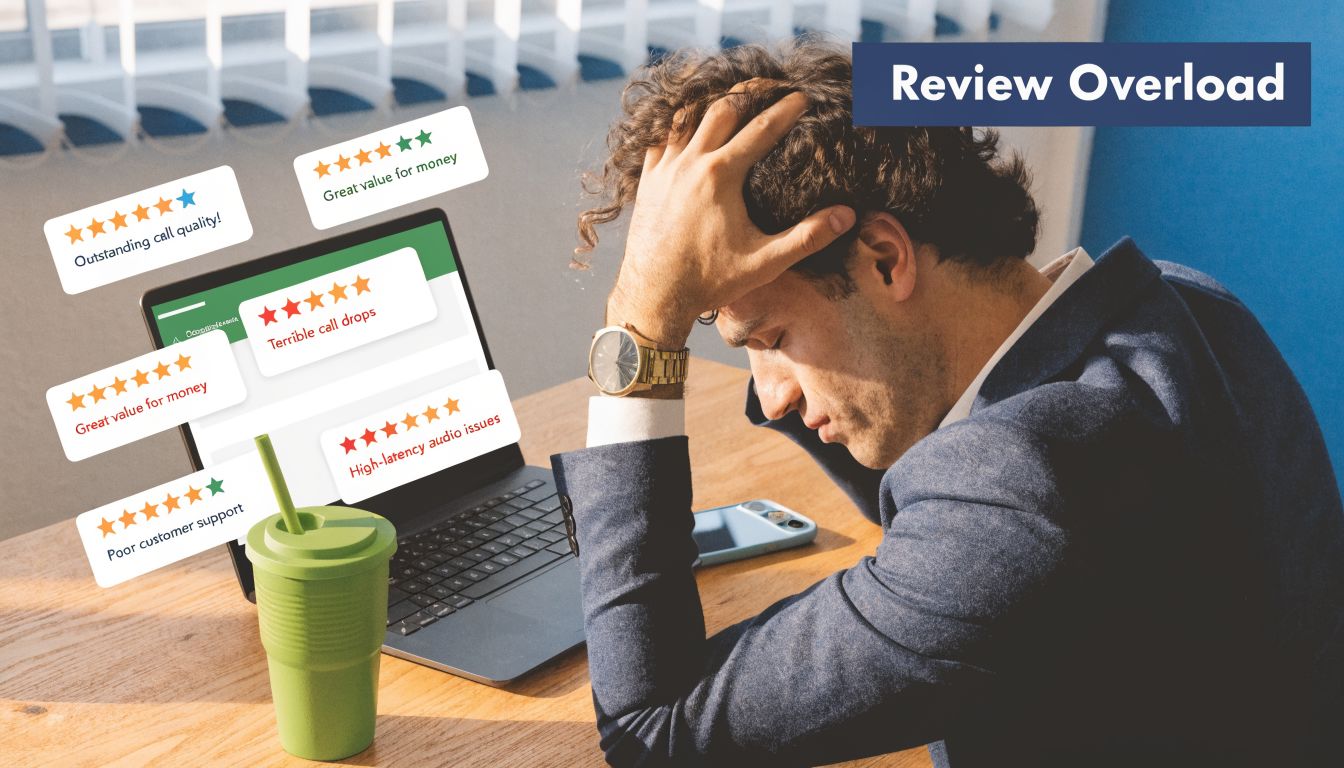 A stressed man sitting at a desk with a laptop surrounded by multiple floating customer review bubbles.