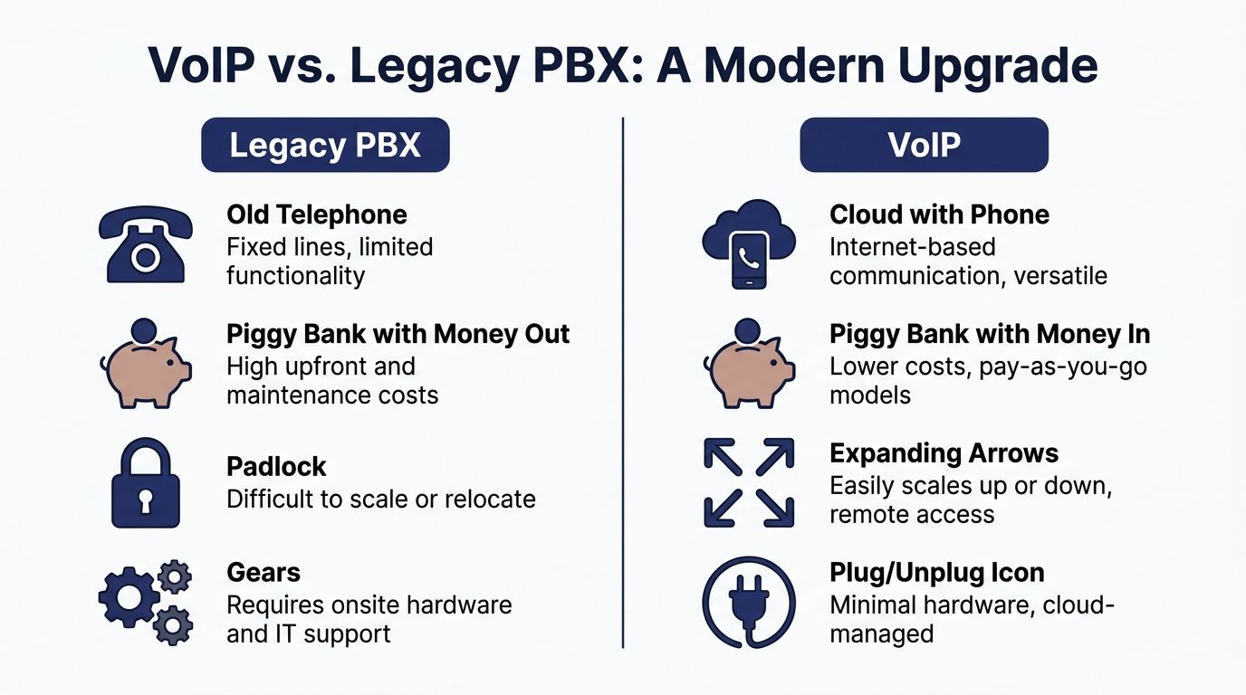A comparison chart showing benefits of modern VoIP systems over traditional legacy PBX business telephone setups.